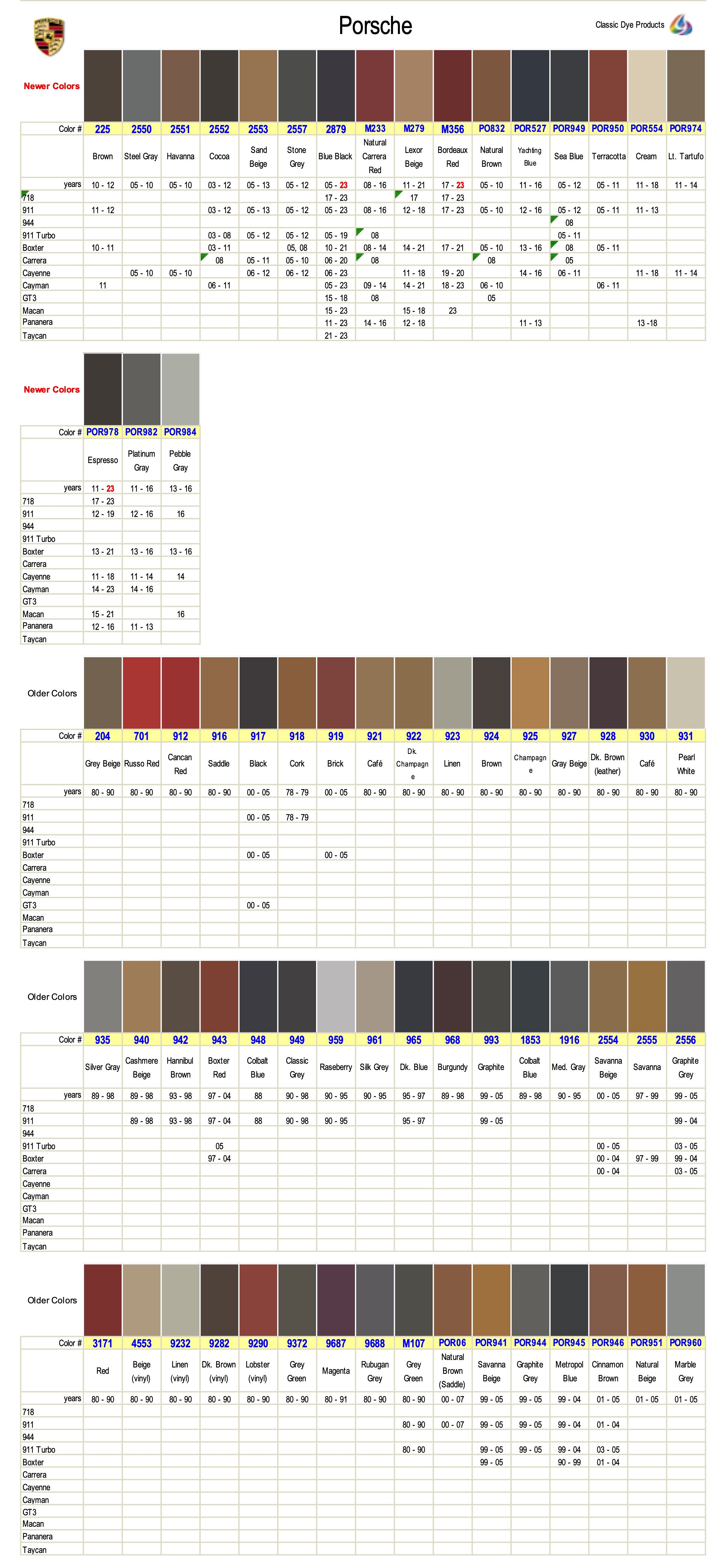 Porsche Carpet Dye Colors – Classic Dye Products Inc.