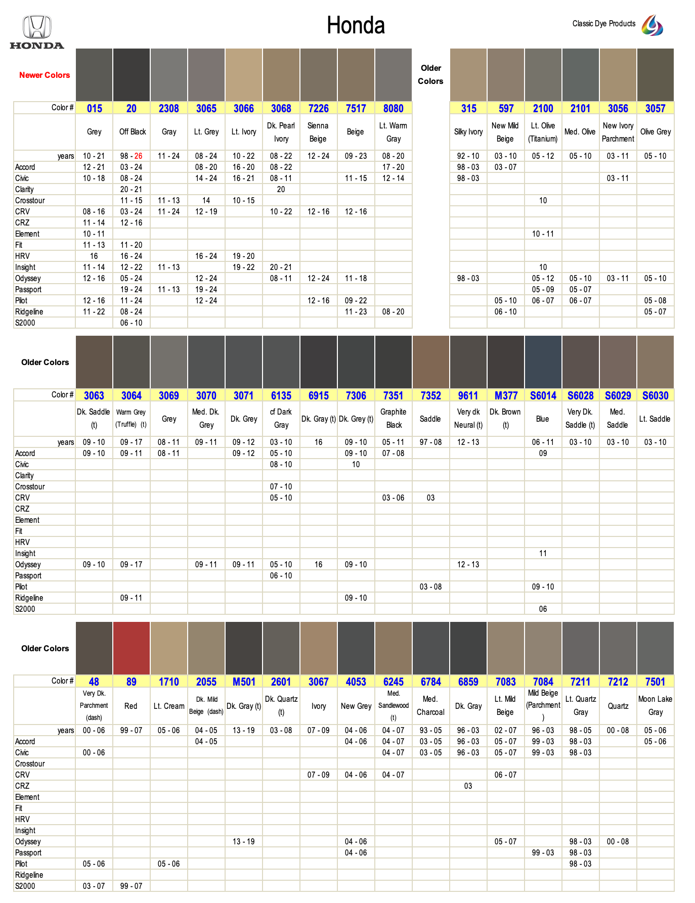 ホンダ ビート カラーチャート Honda Leather & Vinyl Dye Colors, Fast Shipping - Classic Dye