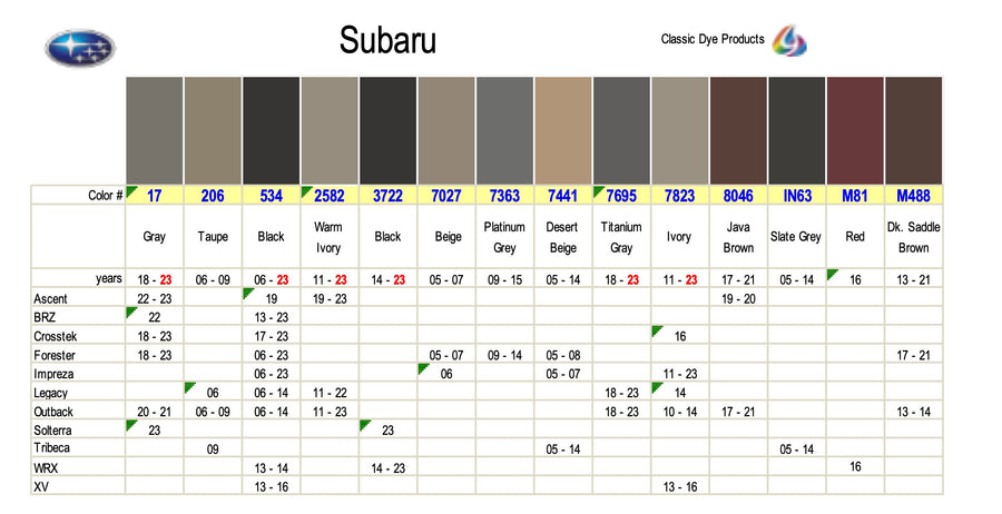 Subaru Leather-Vinyl Dye Colors