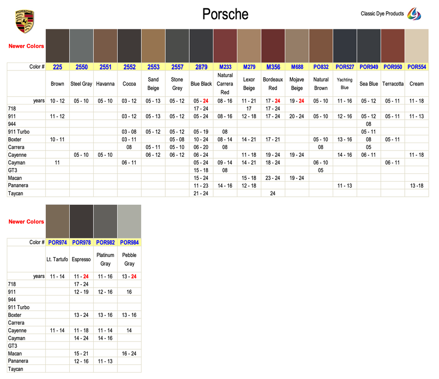 Porsche Leather-Vinyl Dye Colors