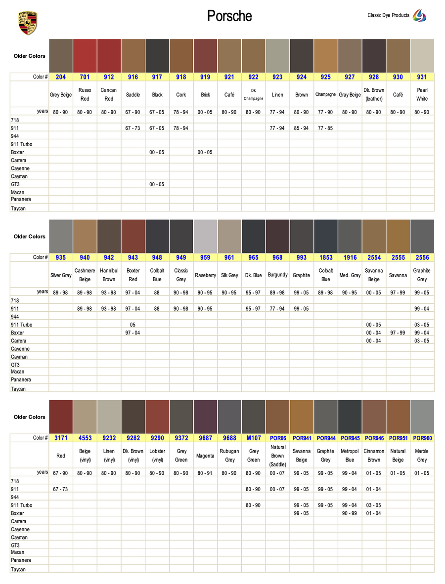 Porsche Leather-Vinyl Dye Colors