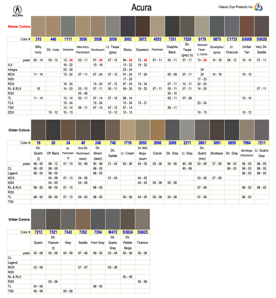 Acura Leather Vinyl Dye Colors