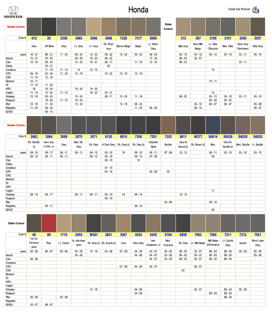 ホンダ ビート カラーチャート Honda Leather & Vinyl Dye Colors, Fast Shipping - Classic Dye