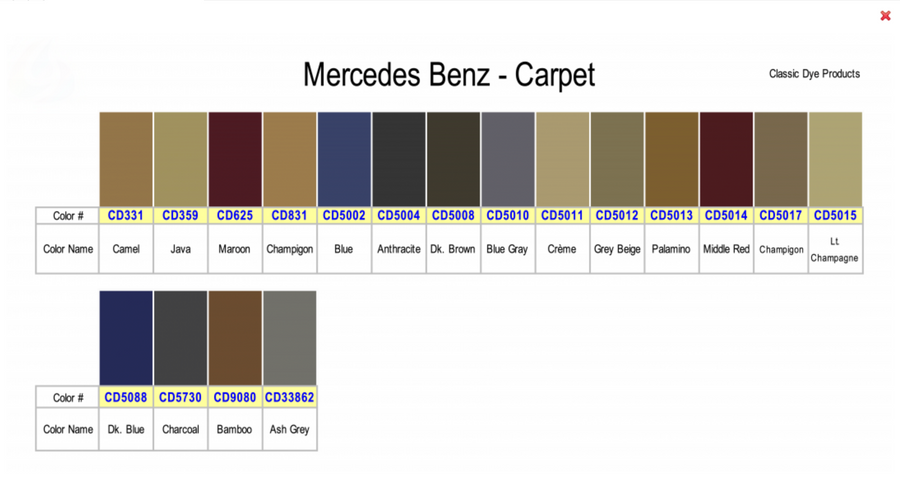 Mercedes Benz Carpet Dye Colors
