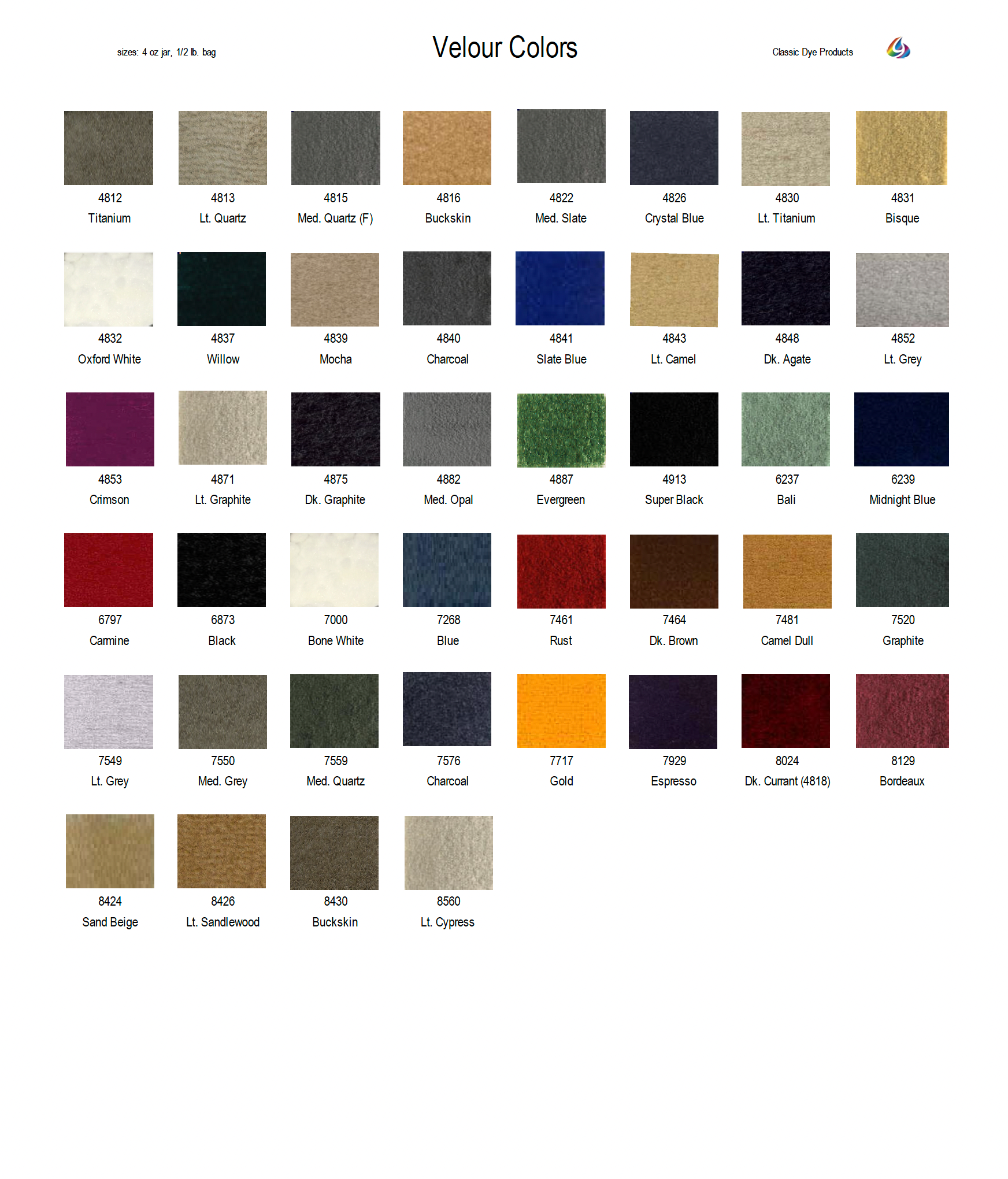 VCC - Velour Color Chart – Classic Dye Products Inc.