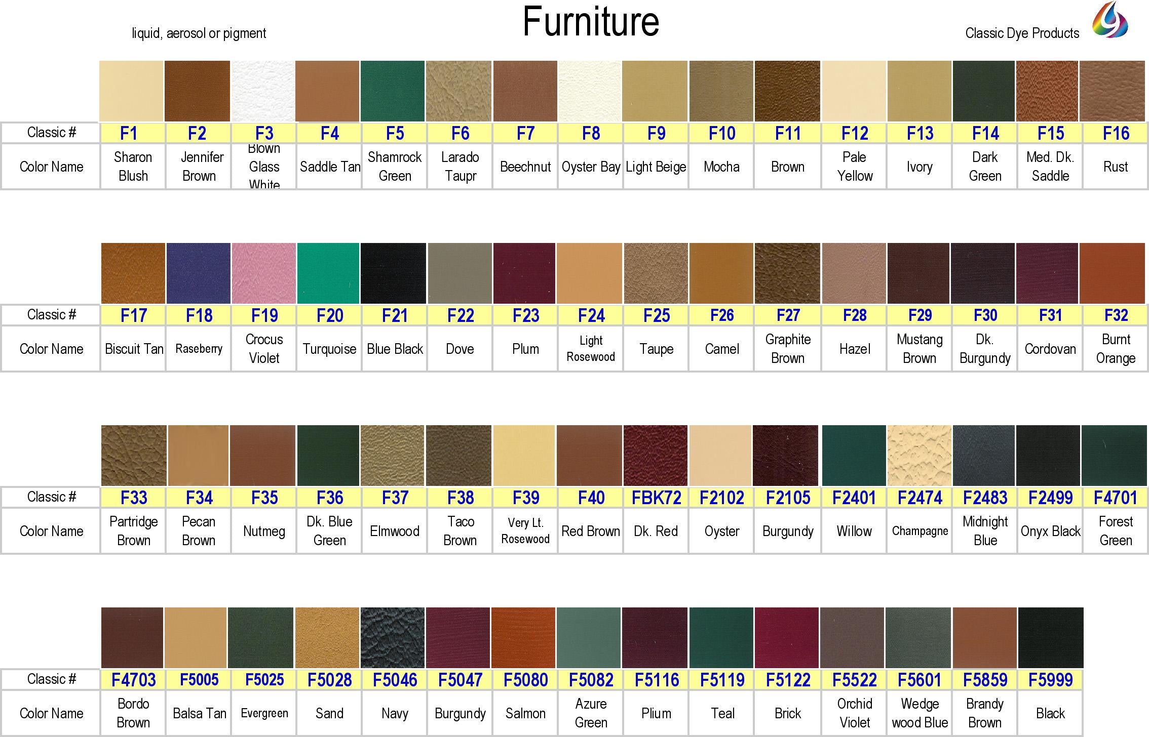 #CC_FT - Furniture Color Chart – Classic Dye Products Inc.