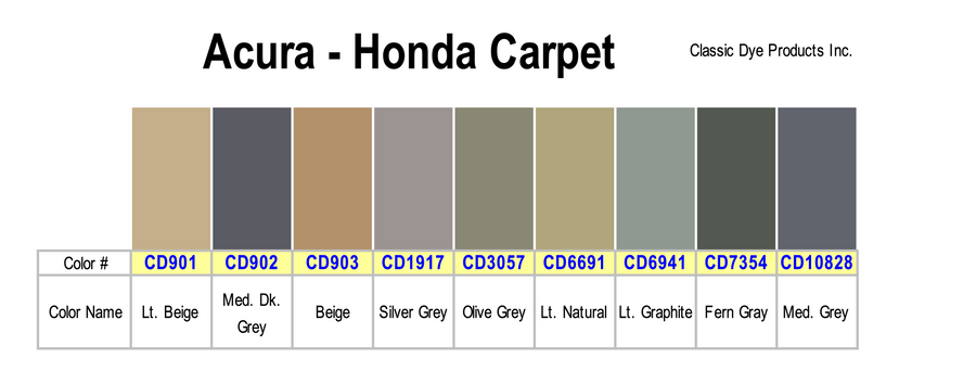 Honda Carpet Dye Color Chart