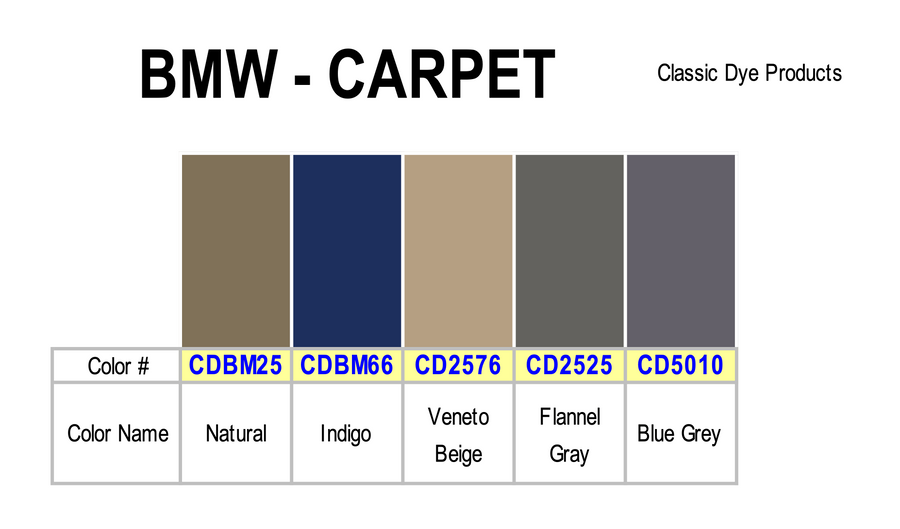 BMW Carpet Dye Color Chart