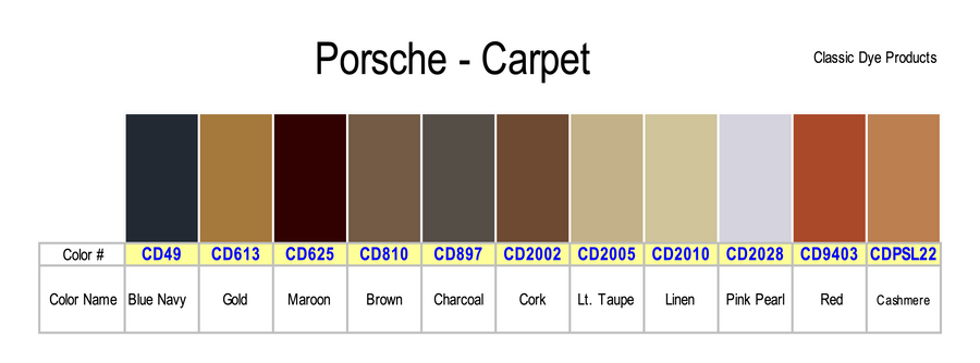 Porsche Carpet Dye Color Chart