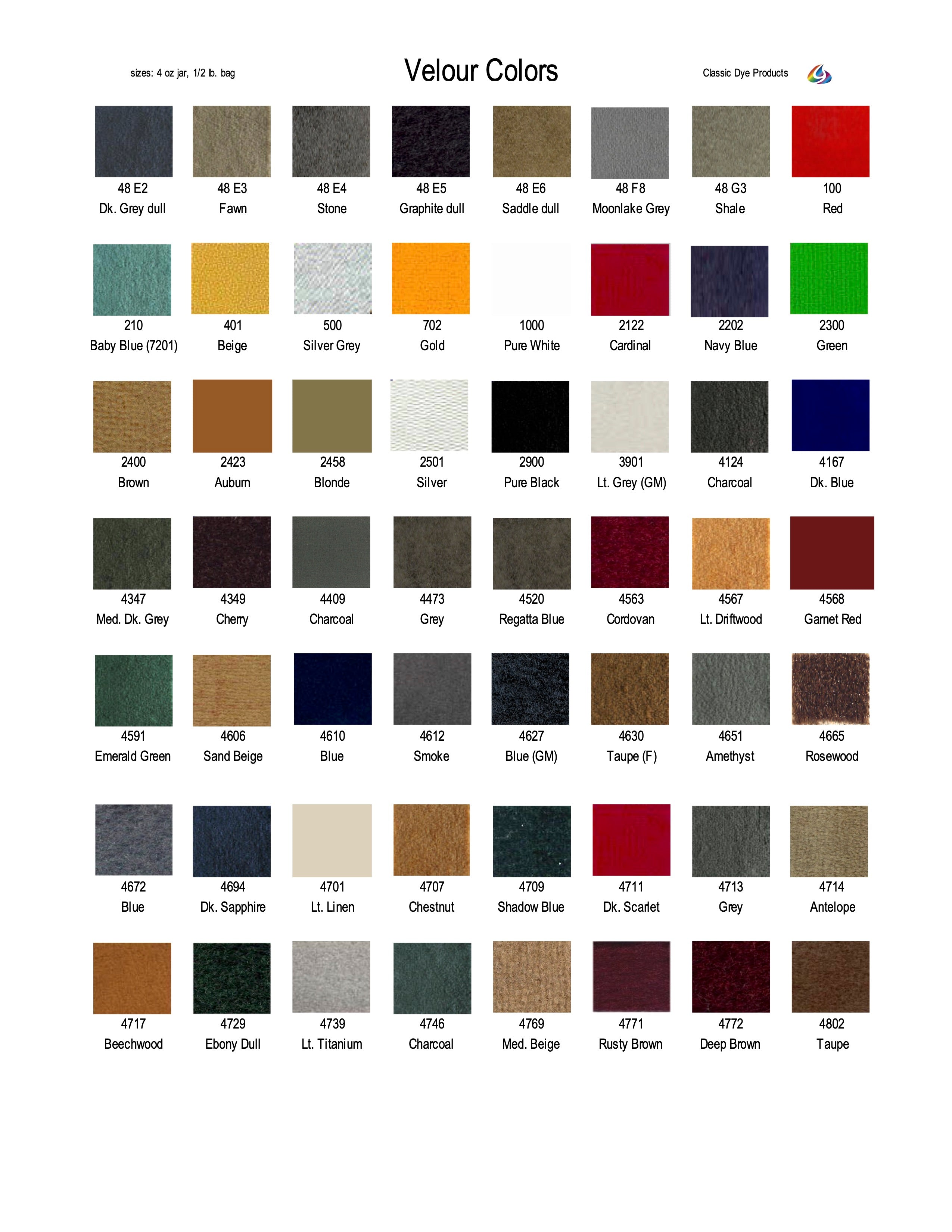 VCC - Velour Color Chart – Classic Dye Products Inc.