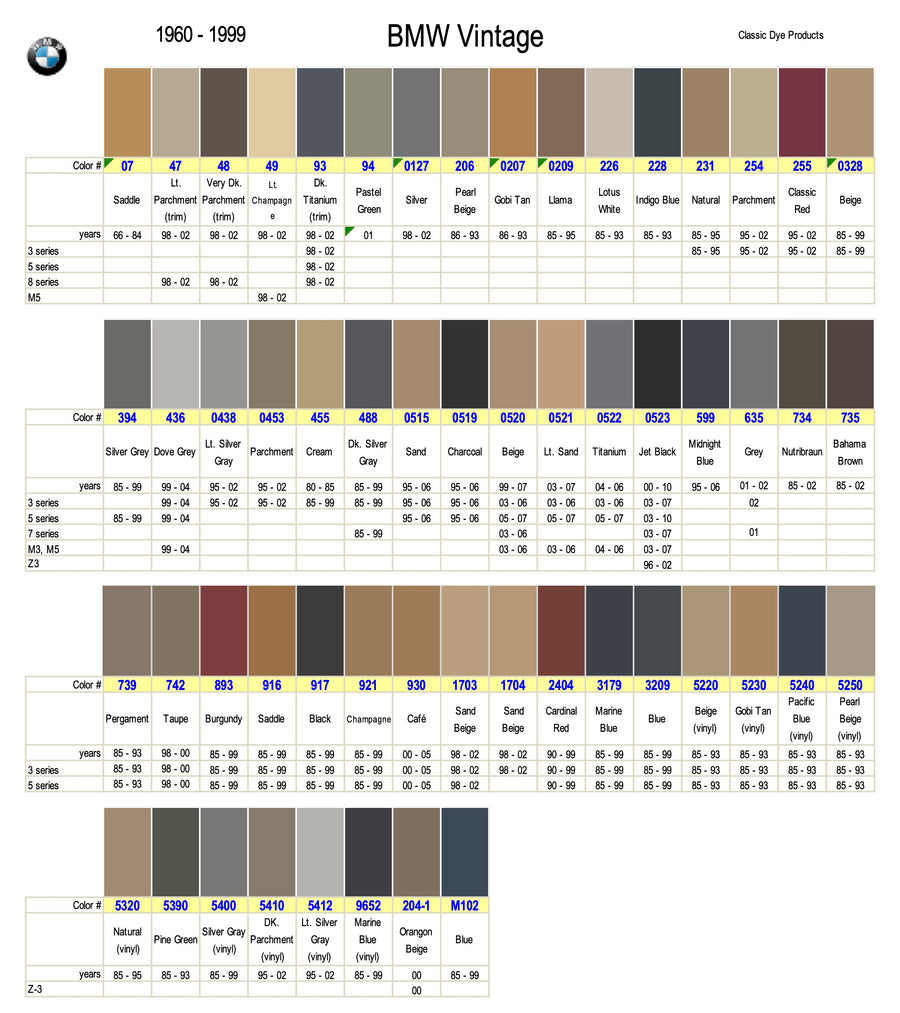 BMW Vintage Leather-Vinyl Dye Color Chart